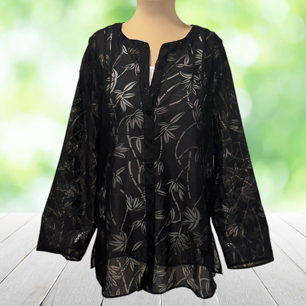 Vintage CAROLE LITTLE Linen Burnout Tunic Blouse Bamboo Motif Sheer Plus 1X